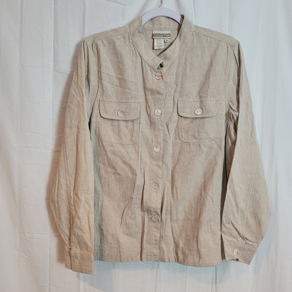 Coldwater Creek Women M Beige Linen Rayon Mandarin Collar Button Up Shirt Jacket